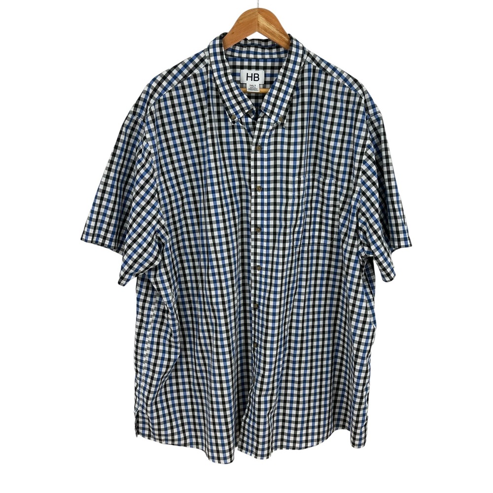 HB Mens Gingham Button Down Shirt‎ Blue Black White Check Short Sleeve 3XLT